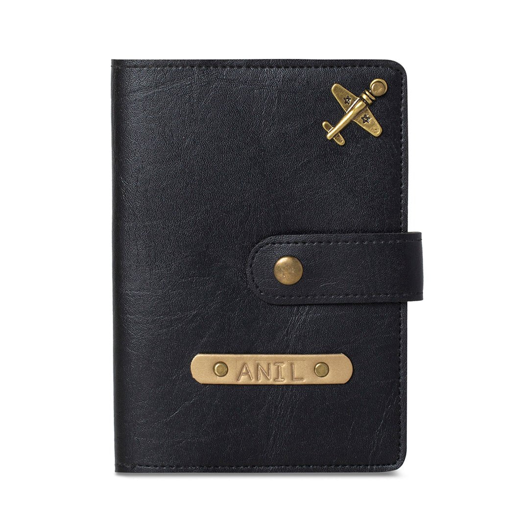 Personalised Passport Cover with Button - Black - The Signature Box