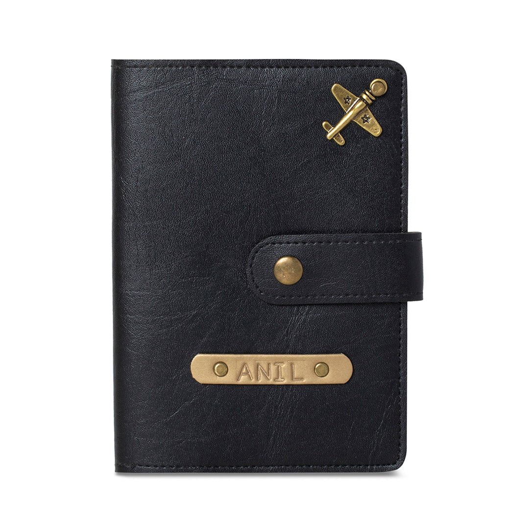 Personalised Passport Cover with Button - Black - The Signature Box