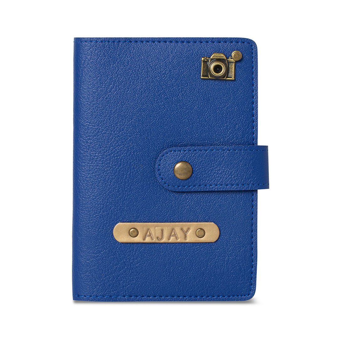 Personalised Passport Cover with Button - Blue - The Signature Box